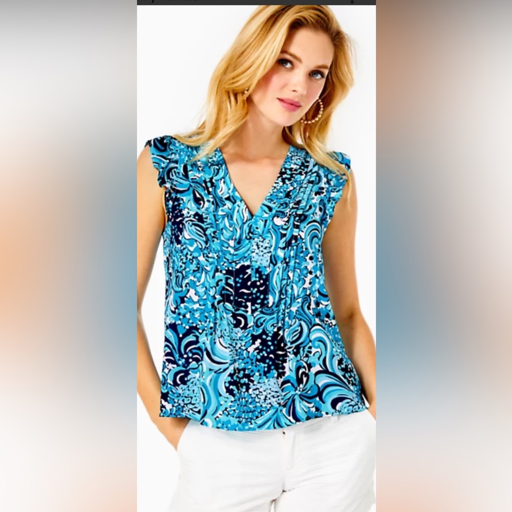 Lilly Pulitzer Joan Silk Short Flutter Sleeve Top in Resort White Mermazing